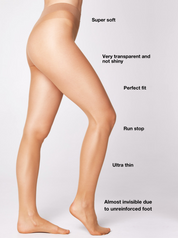 Vorteile der hautfarbenen 20 den Strumpfhose mit super weichem elastischem Bund und Laufmaschenstopp.