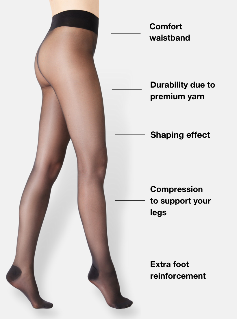 40 den Strumpfhose von saint sass mit angenehmem Komfortbund, doppelt umwundenen Garn für mehr Haltbarkeit, Shaping Effekt durch eine Kompression die deine Beine stützt und mit extra verstärkter Fersen- und Zehenpartie von saint sass.