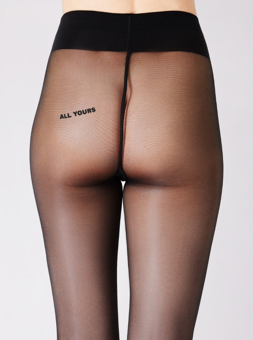 Schwarze 40 den Statement Strumpfhose mit dem Statement "All Yours" auf der linken Pobacke von saint sass.