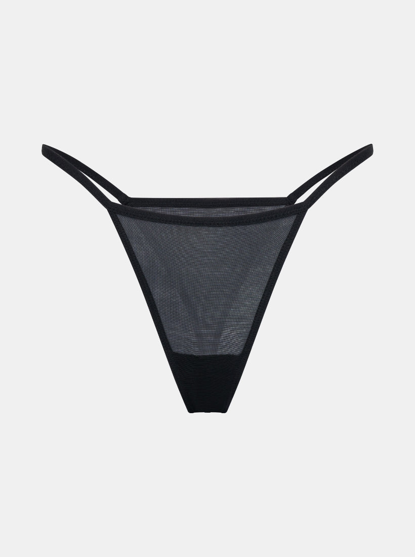 Schwarzer Mesh Tanga mit Bite me Flockdruck auf der Rückseite, Freisteller  Vorderseite Bild. Von saint sass.