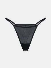 Schwarzer Mesh Tanga mit Bite me Flockdruck auf der Rückseite, Freisteller  Vorderseite Bild. Von saint sass.