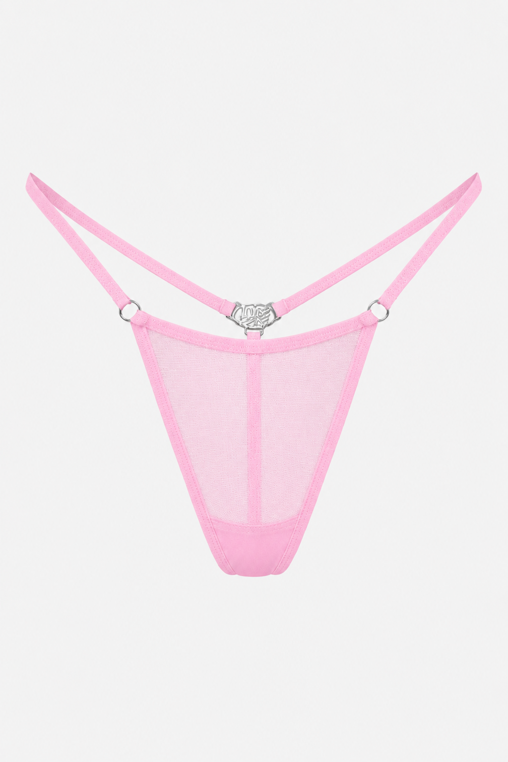 Freisteller von Gigi Mesh String in Pink mit silbernen Metall-Details und silbernem saint sass Logo hinten.