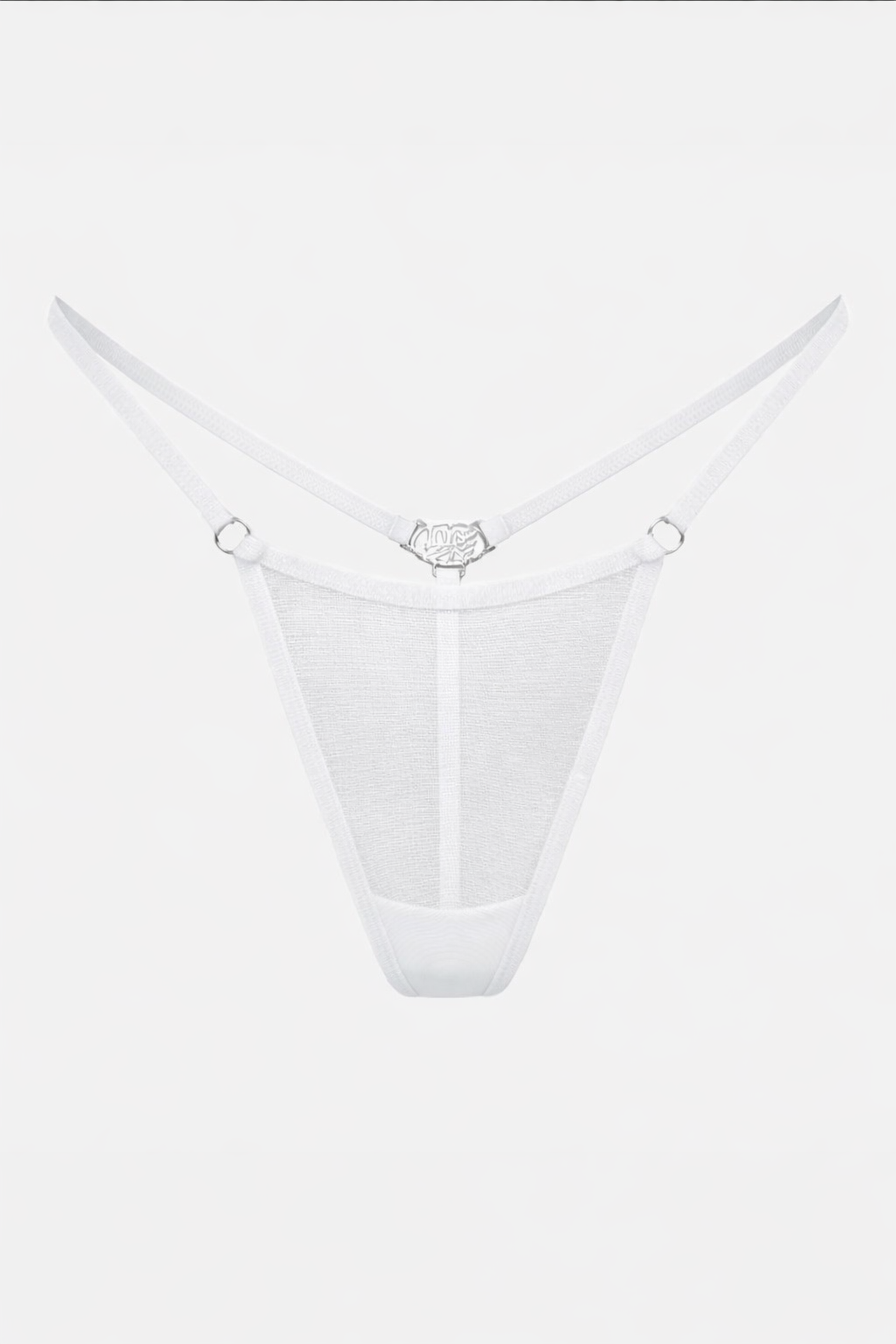 Freisteller des Gigi Mesh String in weiß von vorne. Mit silbernen Metall-Details und silbernem saint sass Logo hinten.