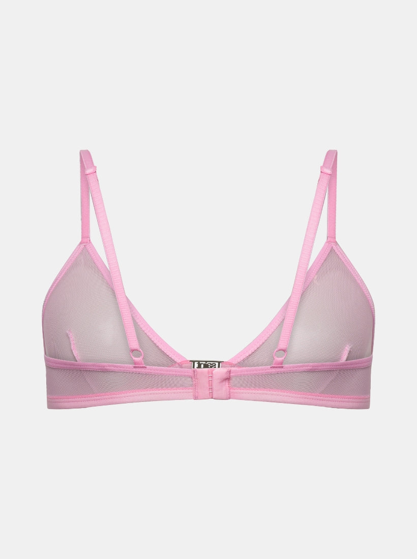 Hinteransicht vom Rosa Gigi Mesh Bralette mit Metal Logo Detail vorne in der Mitte von saint sass. In weicher, anschmiegsamer Qualität und moderner, figurbetonter Passform.