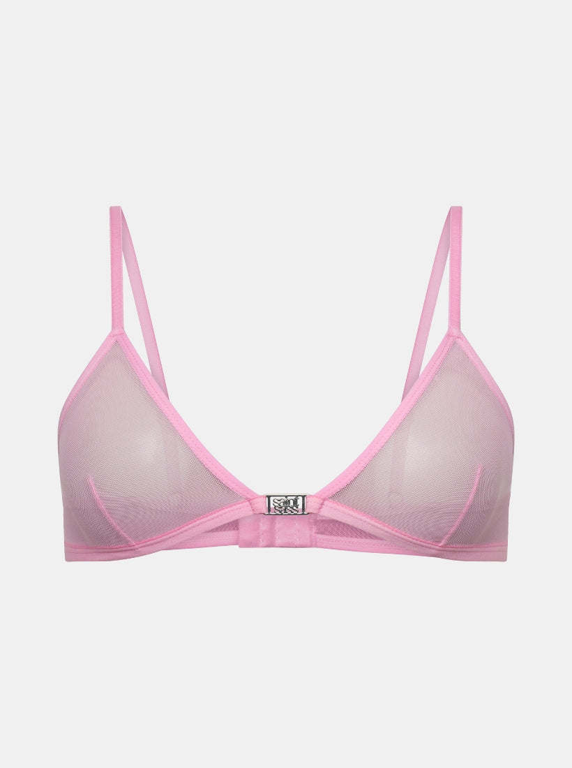 Freisteller Bild vom Rosa Gigi Mesh Bralette mit Metal Logo Detail vorne in der Mitte von saint sass. In weicher, anschmiegsamer Qualität und moderner, figurbetonter Passform.