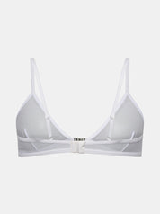 Weißer Gigi Mesh Bralette mit Metal Logo Detail vorne in der Mitte von saint sass. In weicher, anschmiegsamer Qualität und moderner, figurbetonter Passform.
