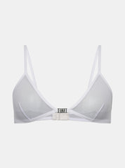 Weißer Gigi Mesh Bralette mit Metal Logo Detail vorne in der Mitte von saint sass. In weicher, anschmiegsamer Qualität und moderner, figurbetonter Passform.