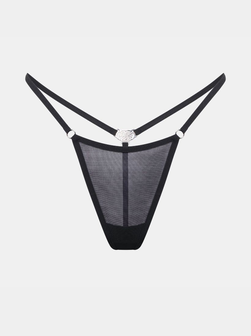 Gigi Mesh String in Schwarz – Vorderansicht aus transparentem Mesh