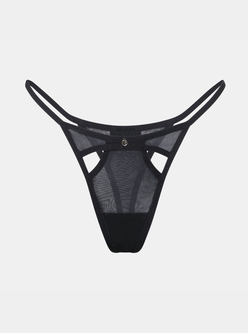 Gigi Mesh Tanga mit Cut Outs in Schwarz – Vorderansicht