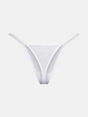 Freistellerbild vom weißem Mesh Tanga von saint sass mit LUCKY YOU Statement hinten. In weicher, anschmiegsamer Qualität und moderner, figurbetonter Passform.