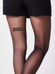 Schwarze 40 Den Strumpfhose von saintsass mit Statement SANTA'S FAVORITE auf dem linken hinteren Oberschenkel