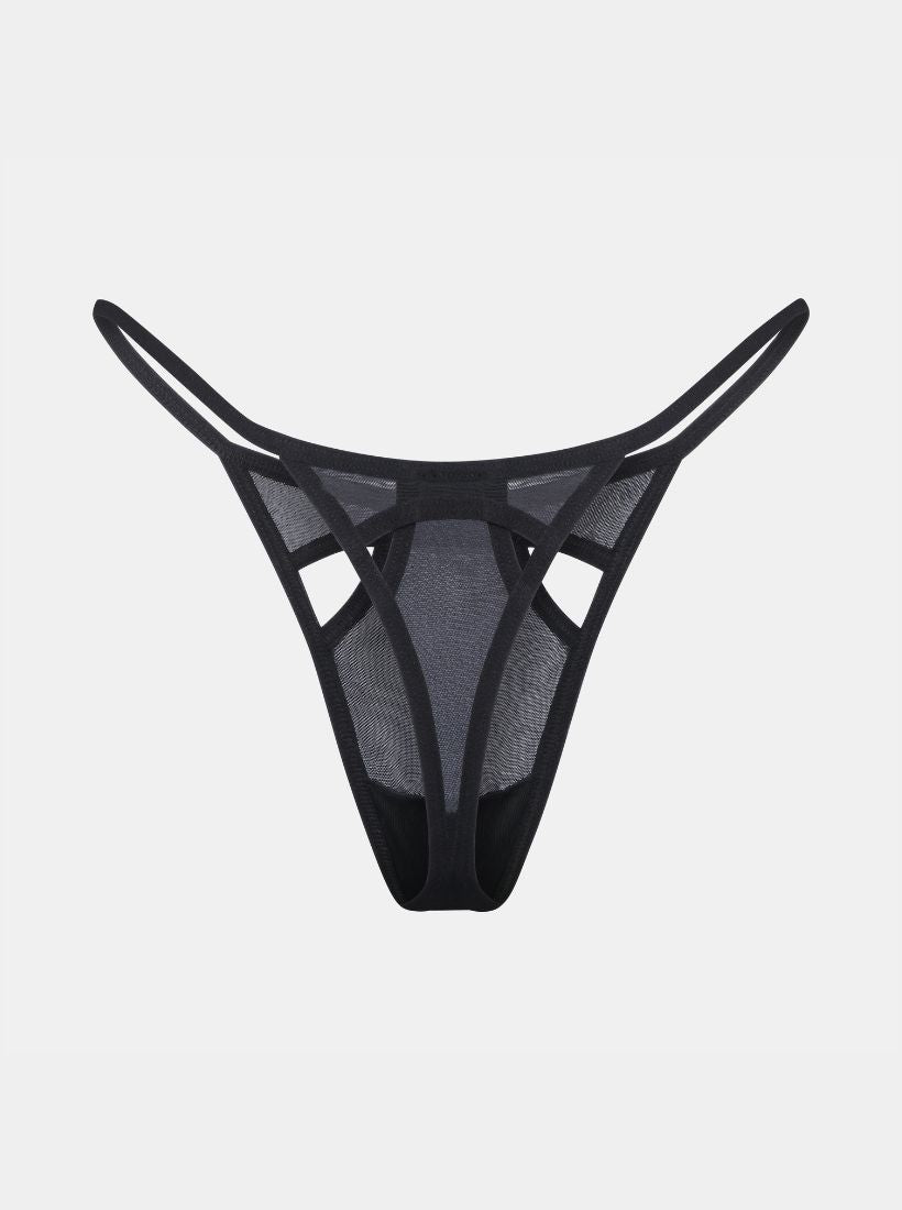 Freisteller Rückansicht des Saint Sass Gigi Mesh Tanga mit Cut Outs in Schwarz, mit Mesh-Einsätzen, auf weißem Hintergrund
