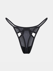 Freisteller Rückansicht des Saint Sass Gigi Mesh Tanga mit Cut Outs in Schwarz, mit Mesh-Einsätzen, auf weißem Hintergrund