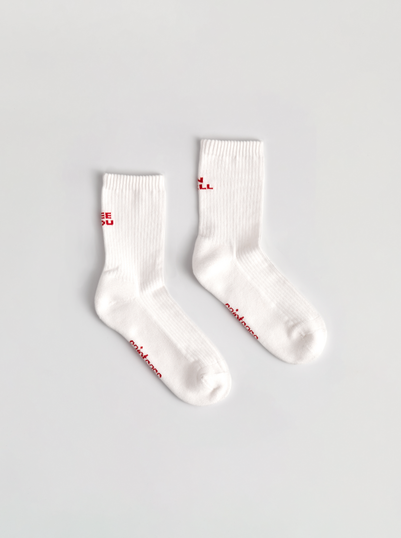Socken mit Statement See you in Hell aufgeteilt auf den hintern Teil der linken und rechten Socke aufgeteilt. 