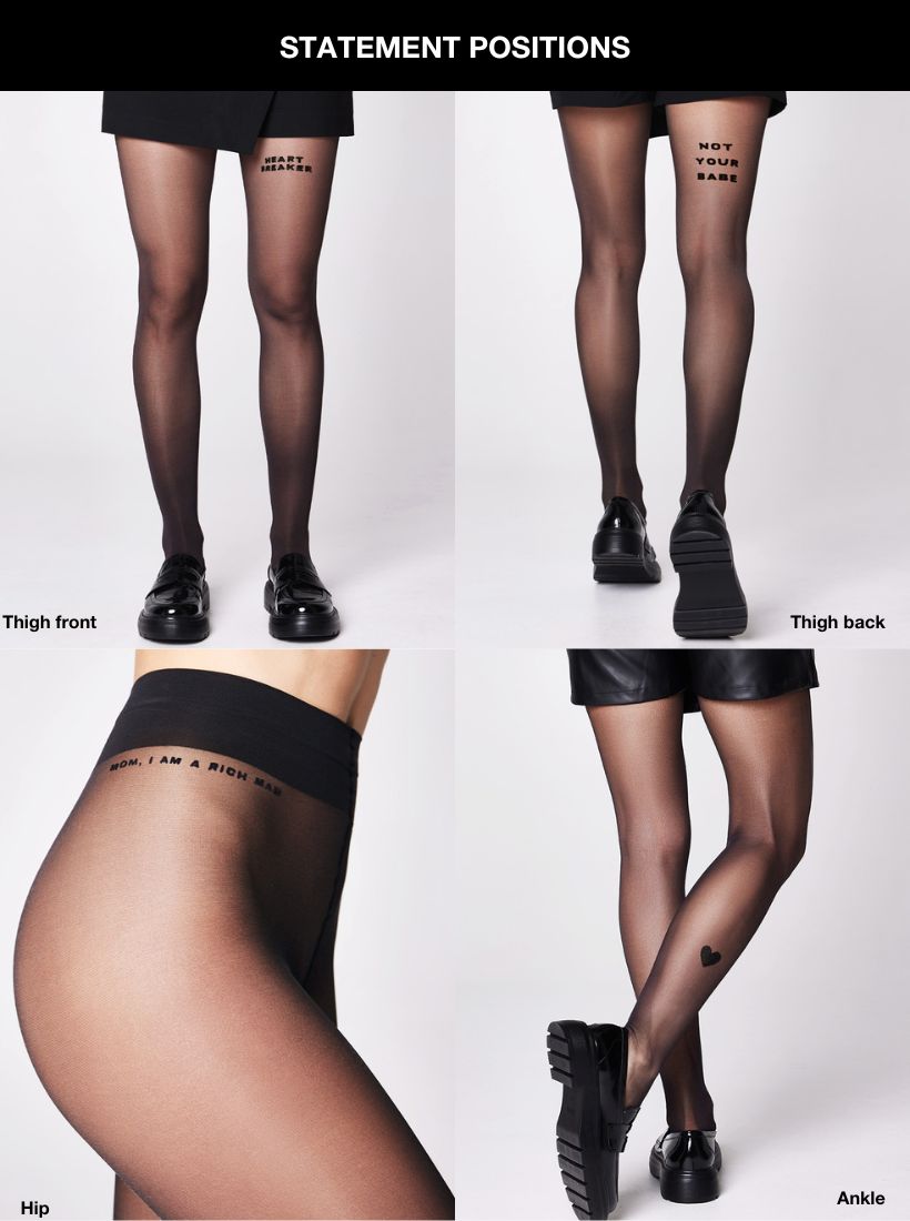 The tights of saint sass with 4 different statement placements.