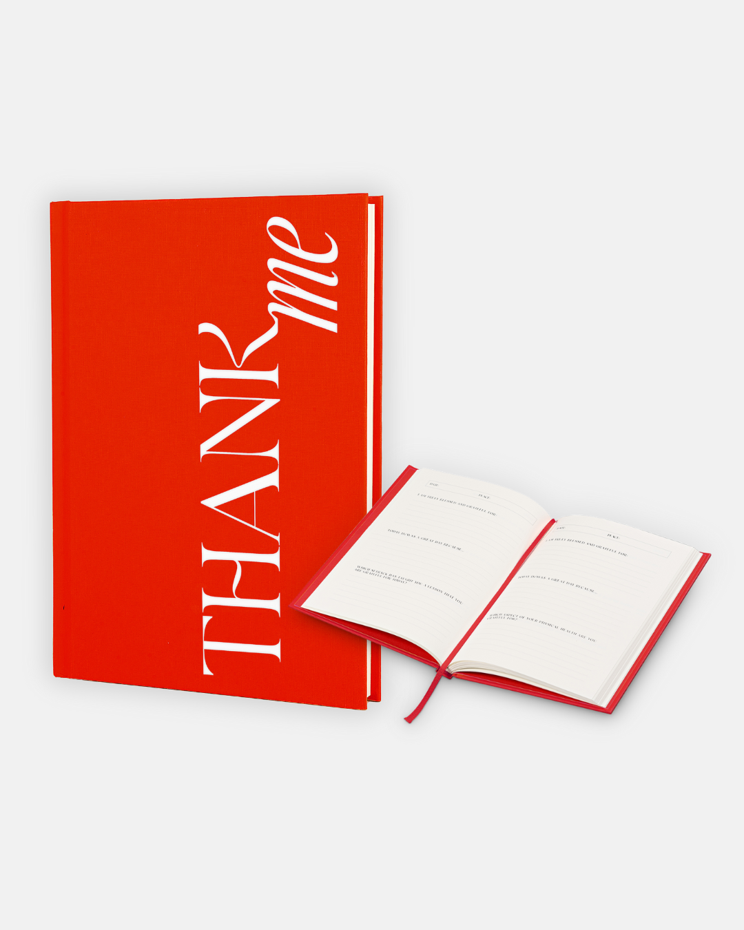 Dankbarkeitstagebuch in rot mit weißer Schrift in Kooperation von saint sass x Elena Miller.