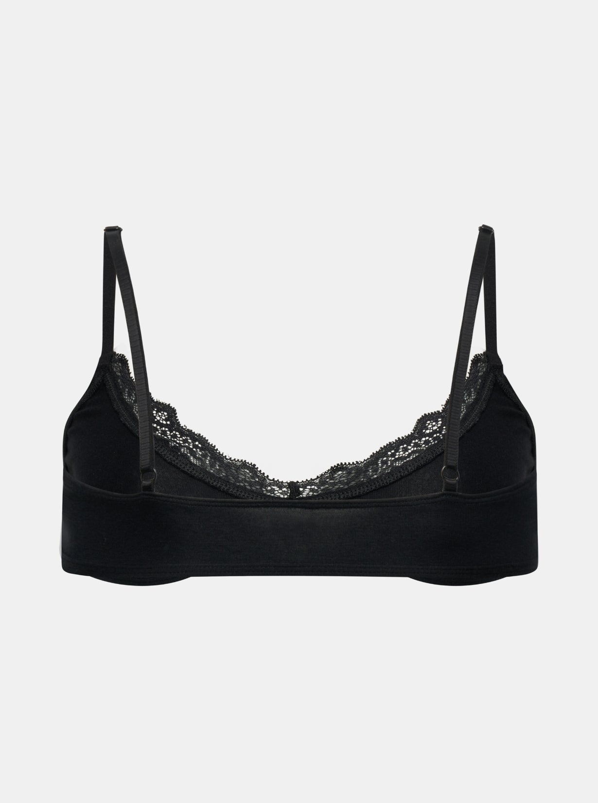 Rückansicht Freisteller eines schwarzen Bralettes aus Baumwolle mit Spitze entlang des Ausschnittes. Figurbetont und natürlich ohne BH-Verschluss.