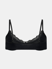 Rückansicht Freisteller eines schwarzen Bralettes aus Baumwolle mit Spitze entlang des Ausschnittes. Figurbetont und natürlich ohne BH-Verschluss.