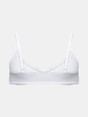 Rückansicht Freisteller eines weißen Bralettes aus Baumwolle mit Spitze entlang des Ausschnittes. Figurbetont und natürlich ohne BH-Verschluss.