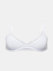 Vorderansicht Freisteller eines weißen Bralettes aus Baumwolle mit Spitze entlang des Ausschnittes. Figurbetont und natürlich.