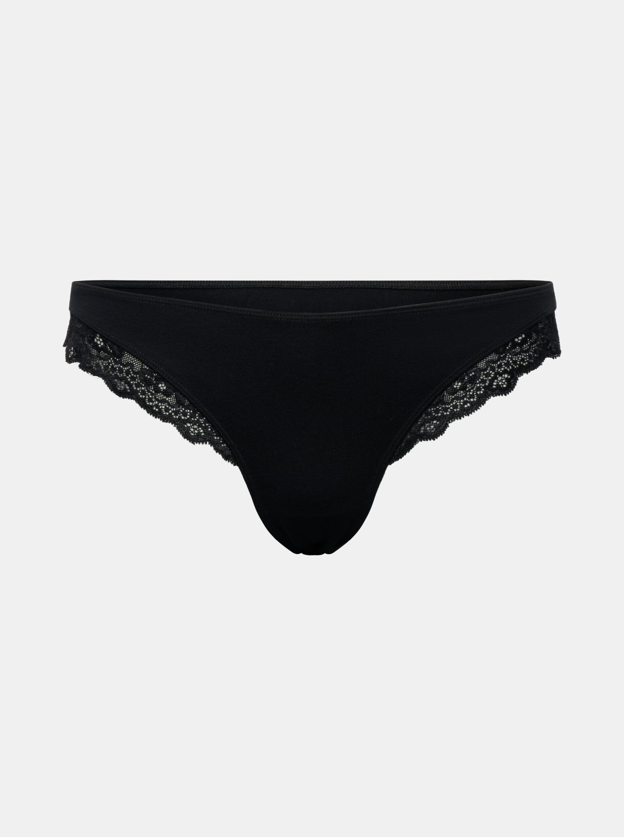 Vorderansicht Freisteller von schwarzem Everyday Cotton Spitzen Brazilian von saint sass. In weicher, anschmiegsamer Qualität und moderner, figurbetonter Passform. Mit Spitze am Beinausschnitt.