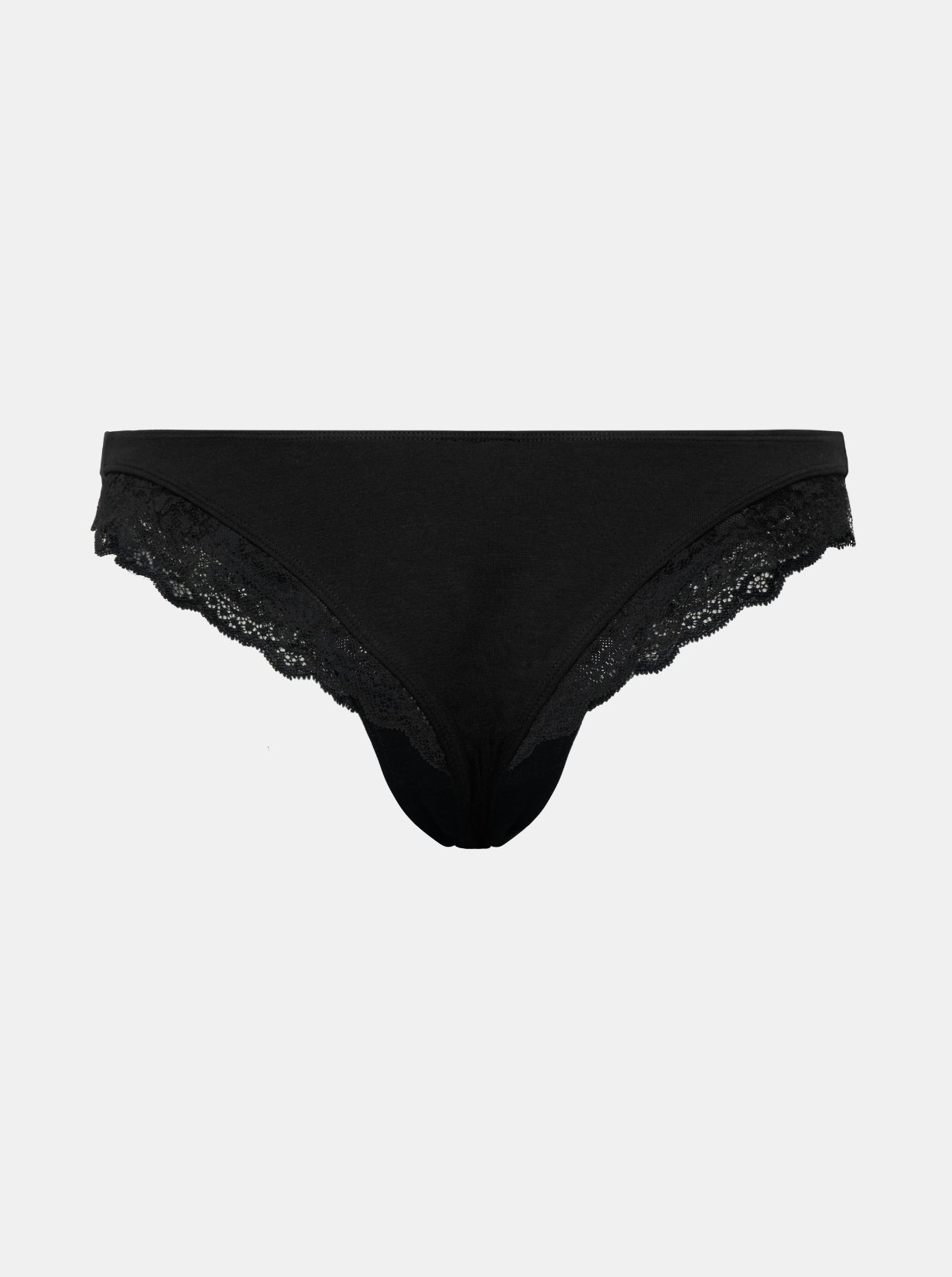 Rückansicht Freisteller von schwarzem Everyday Cotton Spitzen Brazilian von saint sass. In weicher, anschmiegsamer Qualität und moderner, figurbetonter Passform. Mit Spitze am Beinausschnitt.