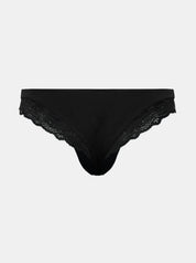 Rückansicht Freisteller von schwarzem Everyday Cotton Spitzen Brazilian von saint sass. In weicher, anschmiegsamer Qualität und moderner, figurbetonter Passform. Mit Spitze am Beinausschnitt.