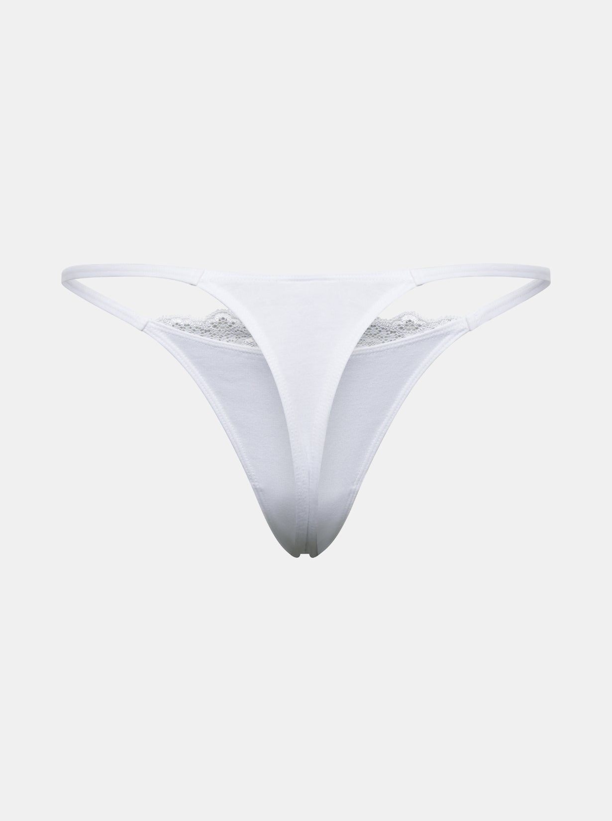 Rückansicht Freisteller von weißem Everyday Cotton Spitzen Tanga von saint sass. In weicher, anschmiegsamer Qualität und moderner, figurbetonter Passform.