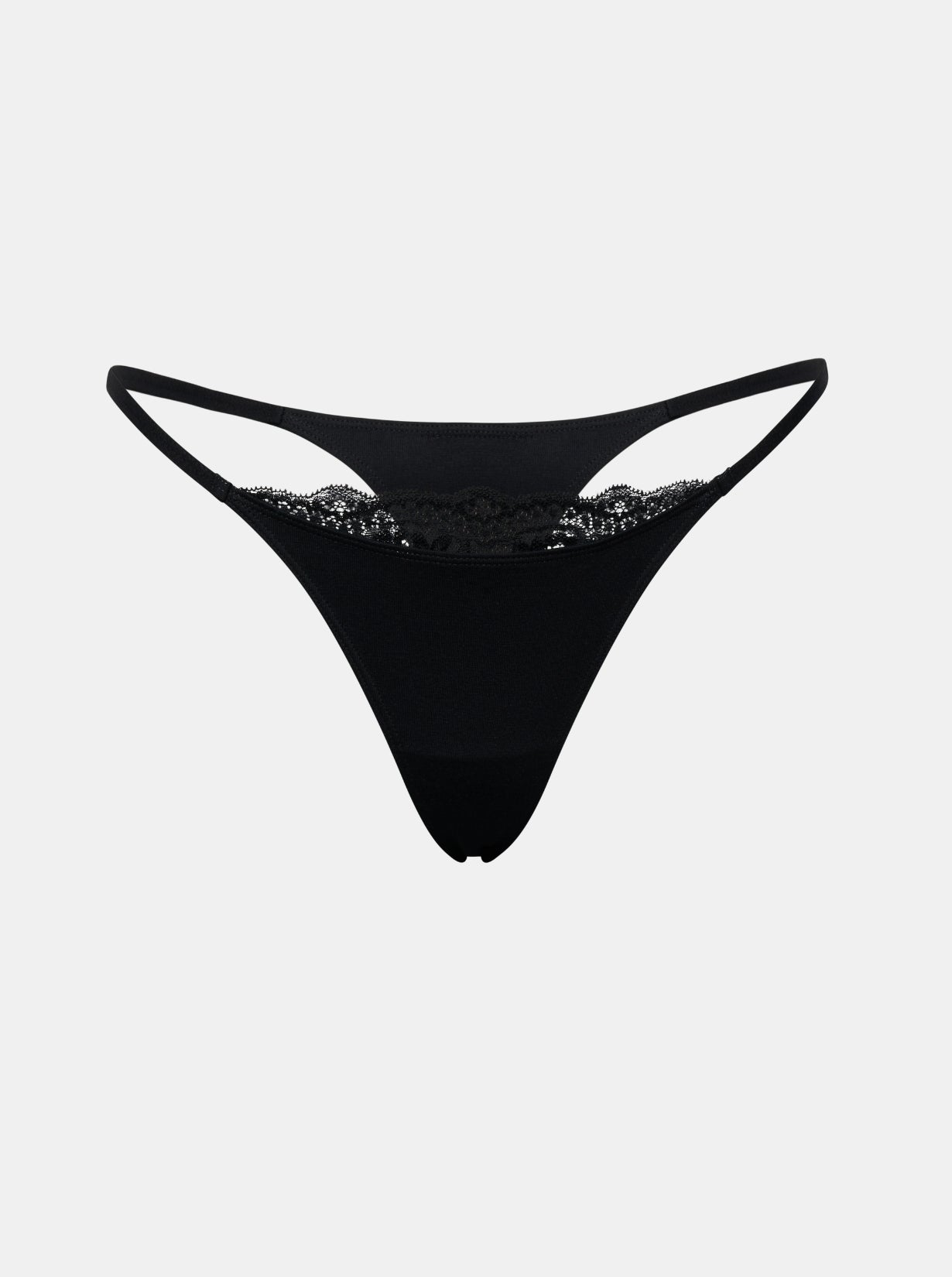 Vorderansicht Freisteller von schwarzem Everyday Cotton Spitzen Tanga von saint sass. In weicher, anschmiegsamer Qualität und moderner, figurbetonter Passform. Mit Spitze vorne am Bund.