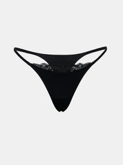 Vorderansicht Freisteller von schwarzem Everyday Cotton Spitzen Tanga von saint sass. In weicher, anschmiegsamer Qualität und moderner, figurbetonter Passform. Mit Spitze vorne am Bund.
