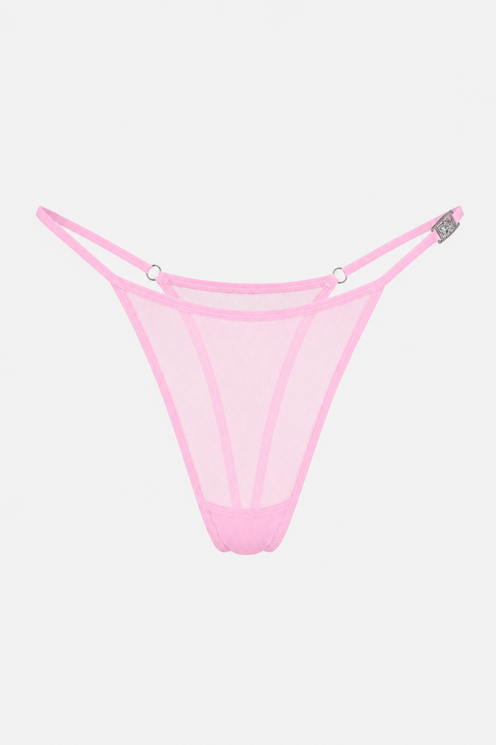 Freisteller des Gigi Mesh Tangas in pink in der Vorderansicht. Mit silbernem saint sass Logo an der Seite und silbernen Metall-Details hinten.