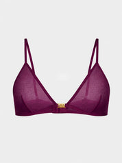 Freisteller von lila Gigi Mesh Bralette mit goldenem saint sass Metallogo vorne zwischen den Cups.