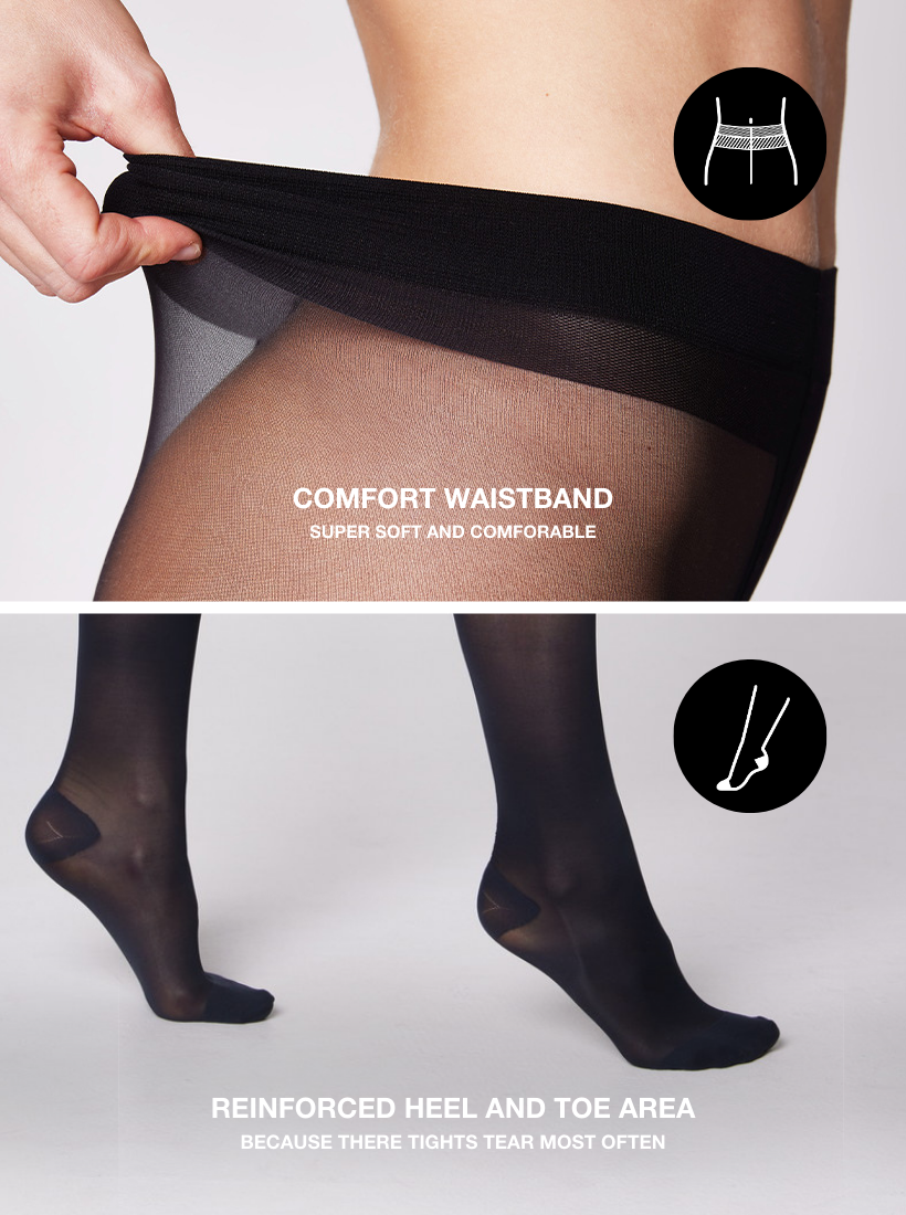 These tights have a special comfort waistband and a reinforced heel and toe area to make the tights extra comfortable and durable at the same time.